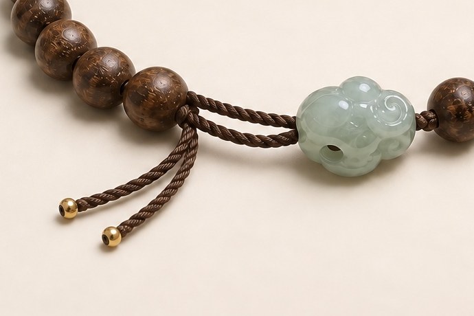 Two braided cords leave an open span between wood beads and a carved piece