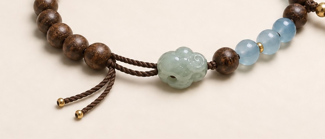 Detail of two cords leaving an open span between wood beads and a carved piece