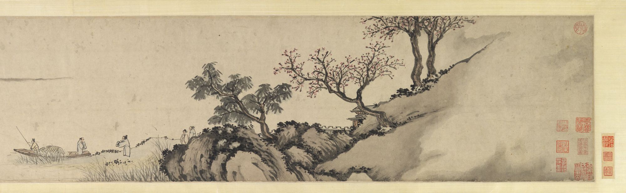 Shen Zhou, Farewell at a Spring River (detail): dense trees and rocks on the right open into wide water on the left, with a small boat and figures