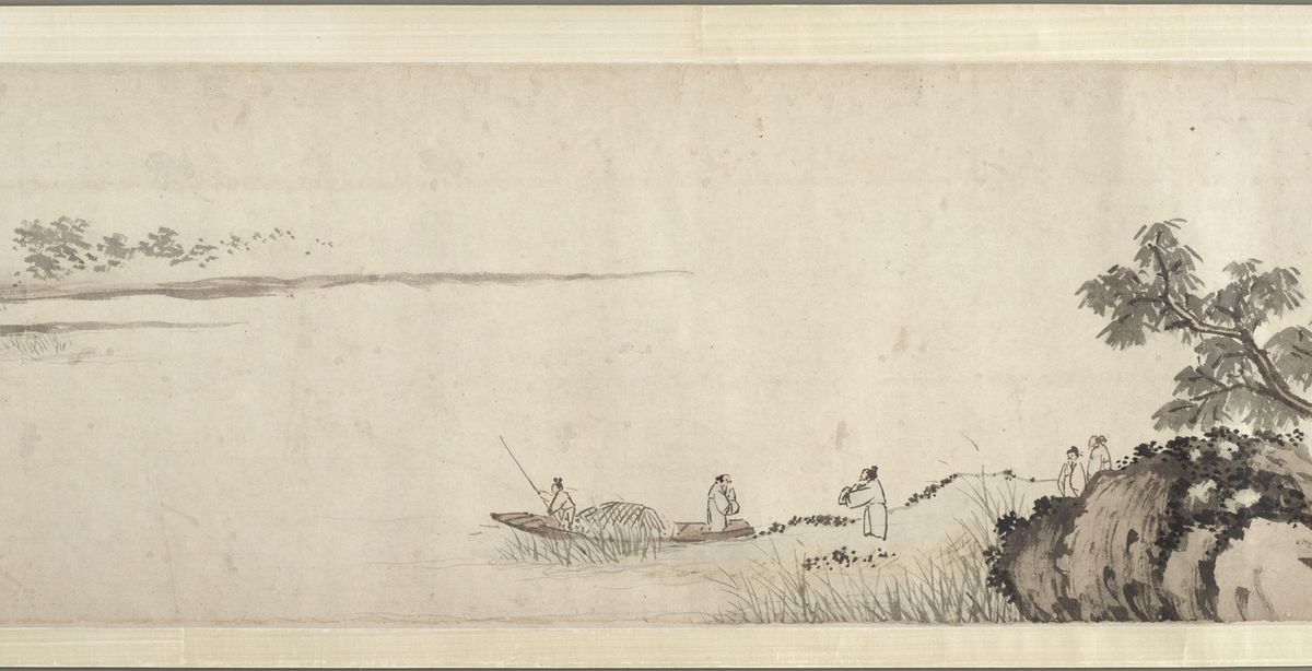 A handscroll detail: open water with a small boat and figures, meeting trees and rocks on the right